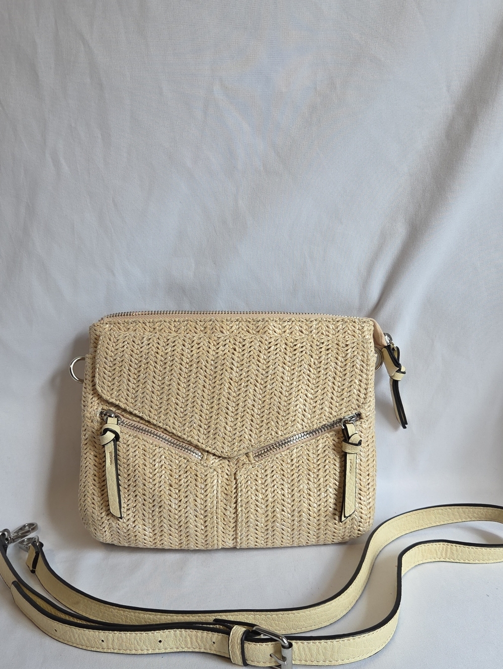 Beige Woven Straw Crossbody Bag with Cream Trim
